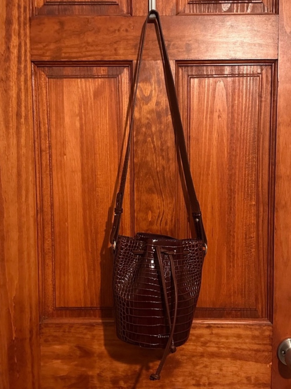 Sezane Burgundy Croc-Embossed Drawstring Shoulder Bag - Picture 2 of 3